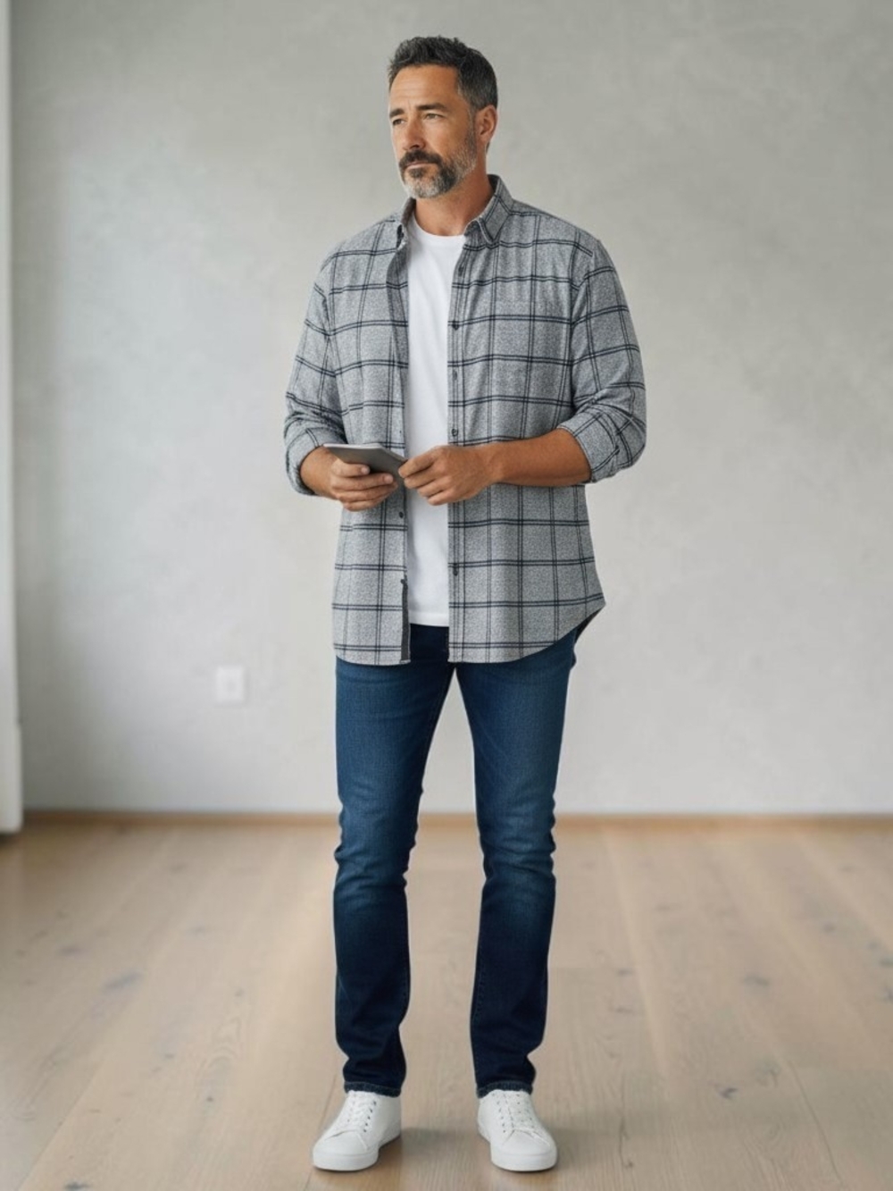 Marc Anthony Shirt Men's Large Slim Fit Grey Plaid Windowpane Button Down Luxury
